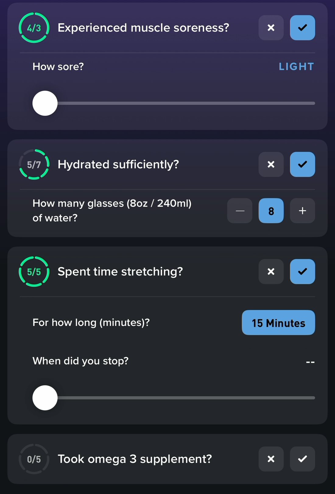 Whoop's Journal showing custom-plan questions with progress rings and fractions: experienced muscle soreness 4 of 3, hydrated sufficiently 5 of 7, spent time stretching 5 of 5, took omega 3 supplement 0 of 5.