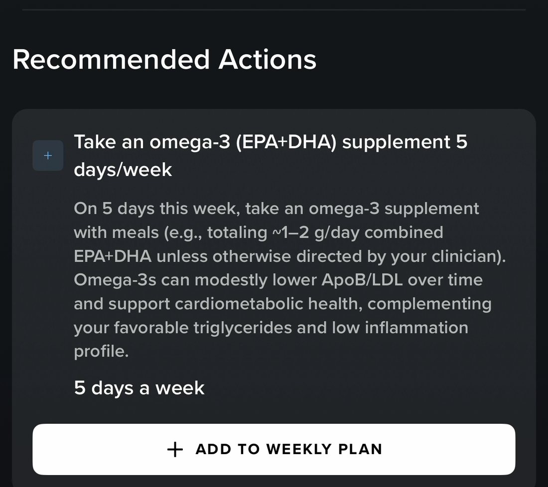 A Whoop Advanced Labs Recommended Action: take an omega-3 supplement five days a week, with a plain-language rationale and a full-width ADD TO WEEKLY PLAN button beneath it.