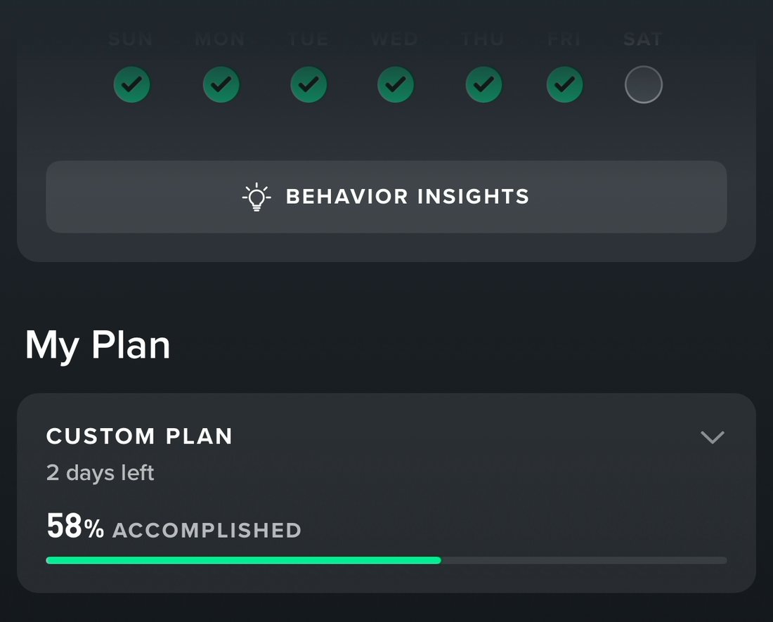 Whoop's home screen showing a week strip of six green journal checks and a Custom Plan card reading 2 days left, 58% accomplished, with a progress bar.